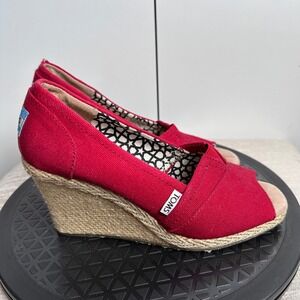 TOMS Red Canvas Peep Toe Wedge‎ Espadrille Shoes Women's Size 6